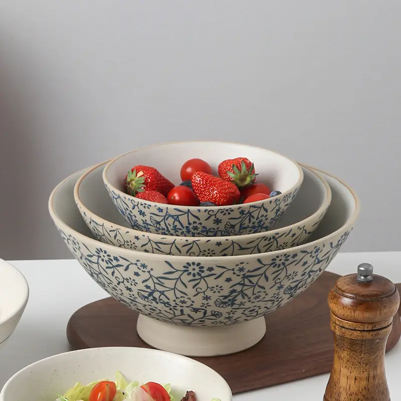 Hand Made Rough Pottery Lamian Noodles Bowl Japanese Retro Restaurant Tableware Hand-painted Printed Fruit Salad Bowls