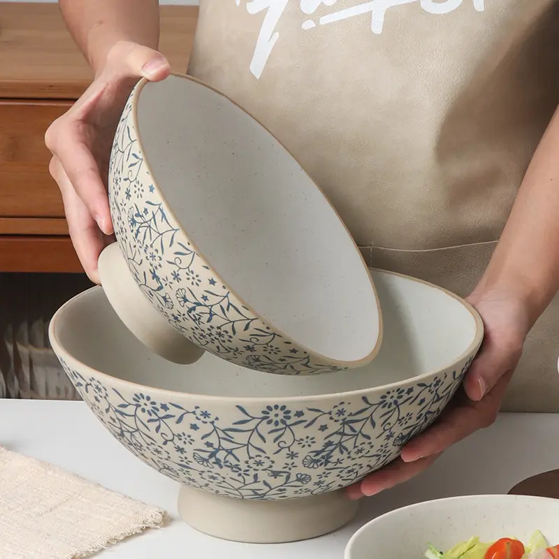 Hand Made Rough Pottery Lamian Noodles Bowl Japanese Retro Restaurant Tableware Hand-painted Printed Fruit Salad Bowls
