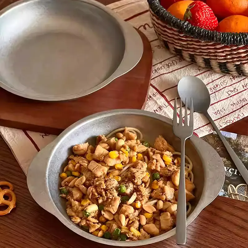 Vintage 304 Stainless Steel Binaural Plate Simple Curry Rice Plates Restaurant Snack Tray Fruit Salad Disc Household Tableware