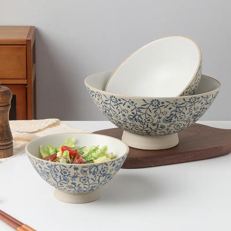 Hand Made Rough Pottery Lamian Noodles Bowl Japanese Retro Restaurant Tableware Hand-painted Printed Fruit Salad Bowls