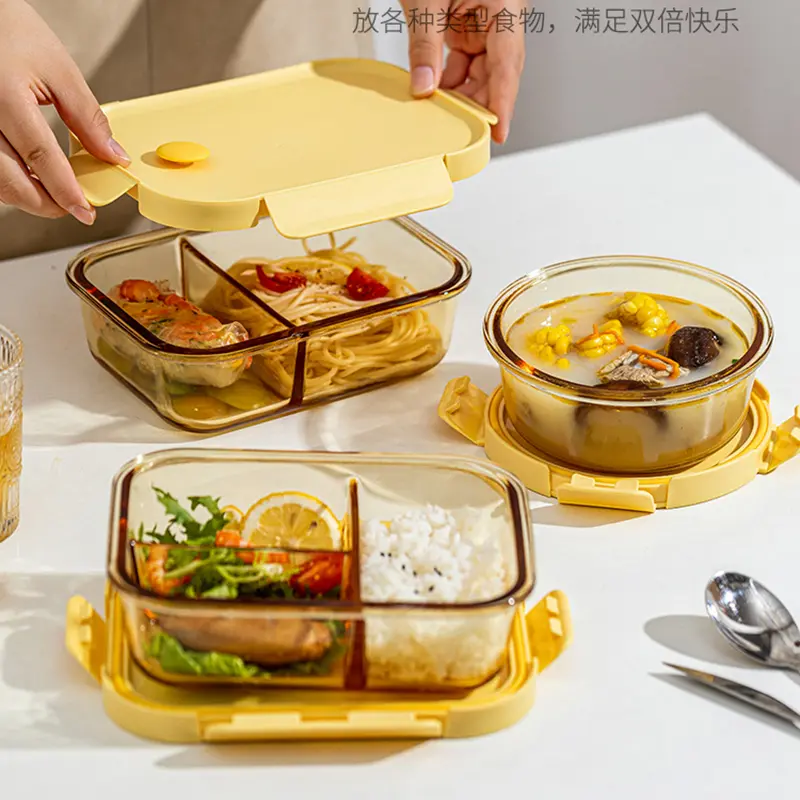 Glass Lunch Box Microwave Compartment Crisper Refrigerator Sealed Food Storage Box Fruit Bento Container