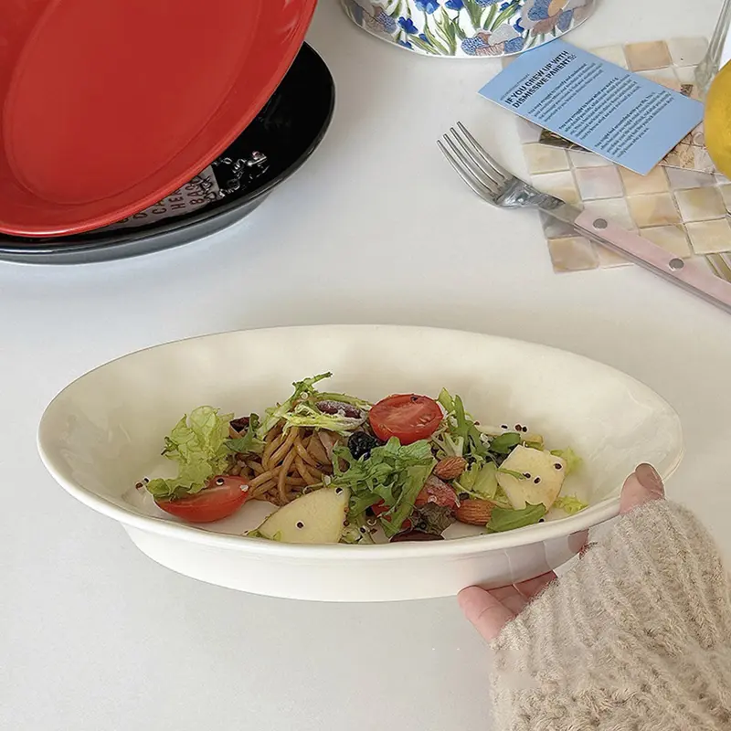 Ceramic Oval Tray Solid Colour Simple Spaghetti Plate Household Deep Plate Breakfast Pastry Bread Dish