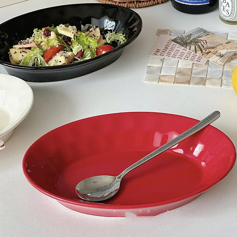 Ceramic Oval Tray Solid Colour Simple Spaghetti Plate Household Deep Plate Breakfast Pastry Bread Dish