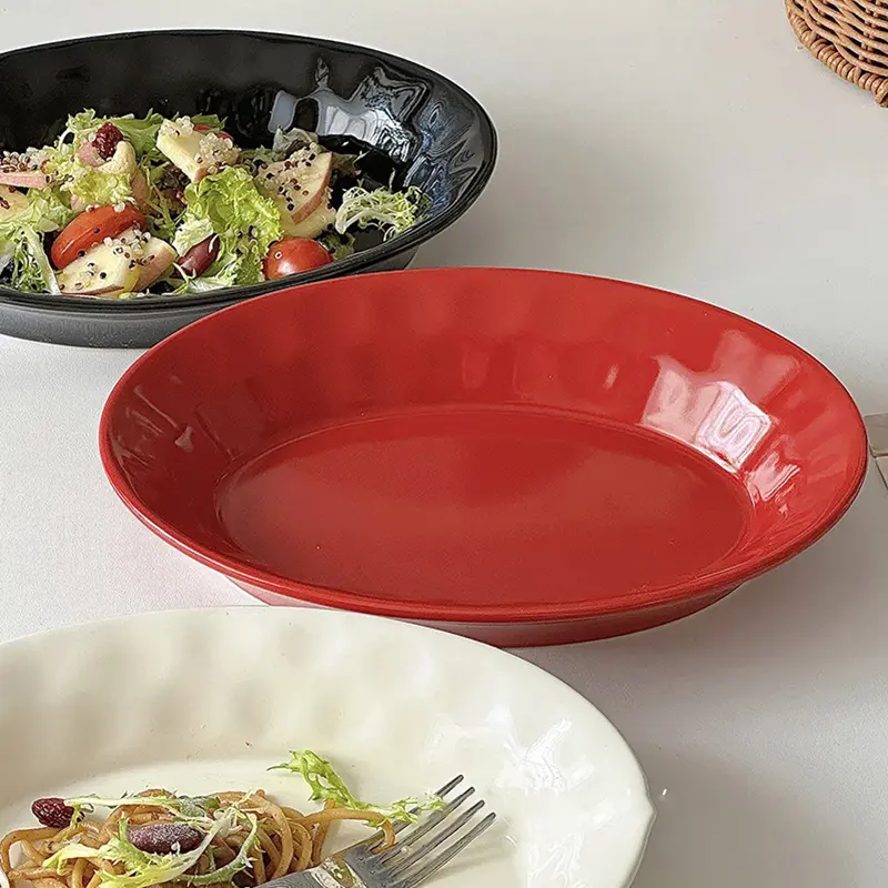 Ceramic Oval Tray Solid Colour Simple Spaghetti Plate Household Deep Plate Breakfast Pastry Bread Dish