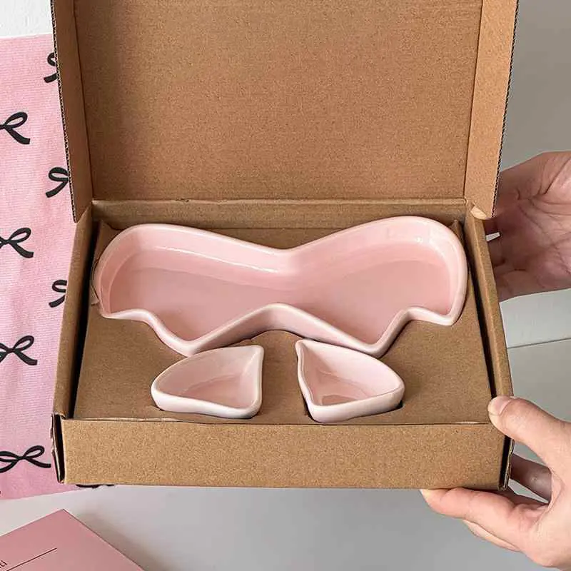 Pink Bow Ceramic Dessert Cake Plate CreativeJewellery Storage Tray Cute Storage Ornaments Decorative Girls Gift