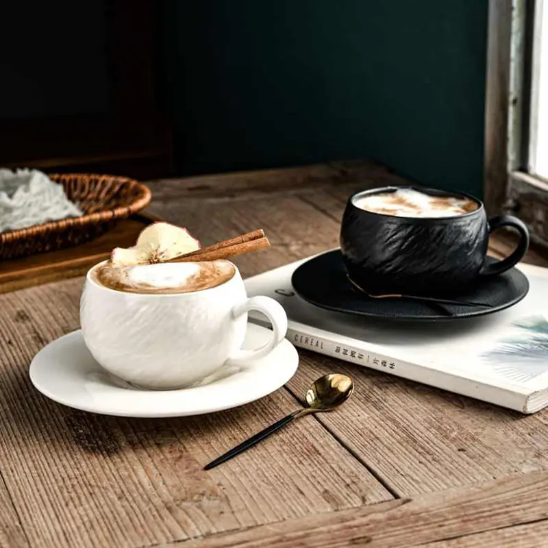 Exquisite Coffee Cup And Saucer 250ml Ceramic Latte Cups Solid Colour Afternoon Tea Drinkware Breakfast Mug Snack Plate