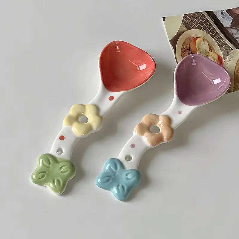 Cute Colorful Ceramic Spoon Creative Flower Afternoon Tea Dessert Spoons Household Delicate Soup Spoons Kitchen Tableware