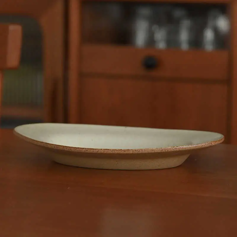 Japanese Rough Ceramic Oval Plate Beige Vintage Snack Dish Fruit Salad Spaghetti Disc Household Tableware