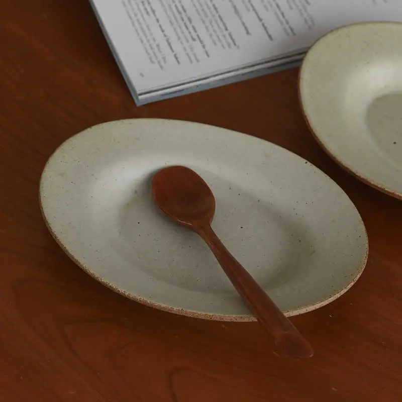 Japanese Rough Ceramic Oval Plate Beige Vintage Snack Dish Fruit Salad Spaghetti Disc Household Tableware
