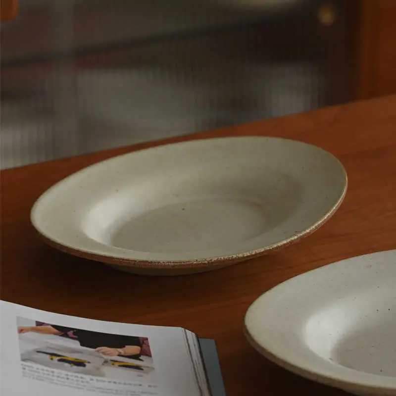 Japanese Rough Ceramic Oval Plate Beige Vintage Snack Dish Fruit Salad Spaghetti Disc Household Tableware