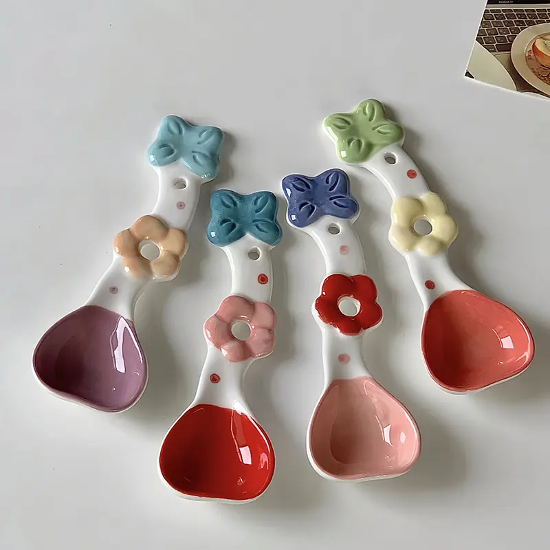 Cute Colorful Ceramic Spoon Creative Flower Afternoon Tea Dessert Spoons Household Delicate Soup Spoons Kitchen Tableware