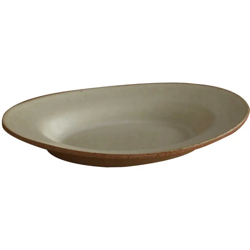Japanese Rough Ceramic Oval Plate Beige Vintage Snack Dish Fruit Salad Spaghetti Disc Household Tableware