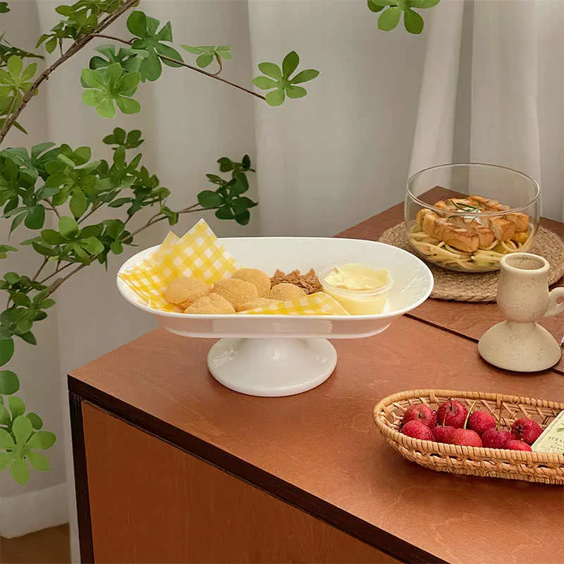 Oval Tall Fruit Plate Ceramic Dim Sum Cake Plates Afternoon Tea Fruit Dish Solid Colour Living Room Tray