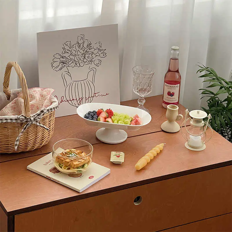 Oval Tall Fruit Plate Ceramic Dim Sum Cake Plates Afternoon Tea Fruit Dish Solid Colour Living Room Tray