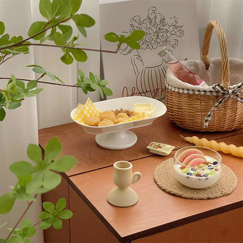 Oval Tall Fruit Plate Ceramic Dim Sum Cake Plates Afternoon Tea Fruit Dish Solid Colour Living Room Tray