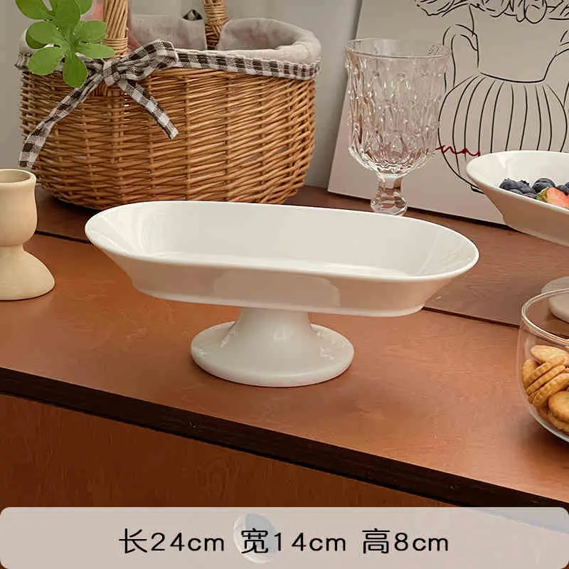 Oval Tall Fruit Plate Ceramic Dim Sum Cake Plates Afternoon Tea Fruit Dish Solid Colour Living Room Tray