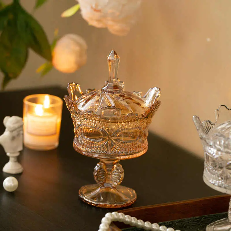 French Relief Candy Jar Glass Tall Feet Jewellery Sundries Storage Jar Light Luxury Decorative Ornament
