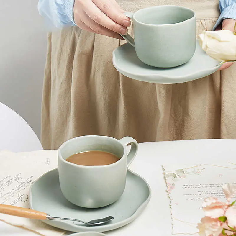 Solid Colour Ceramic Coffee Cup And Saucer Office Mug Couple Cup 300ml Exquisite Afternoon Tea Drinkware