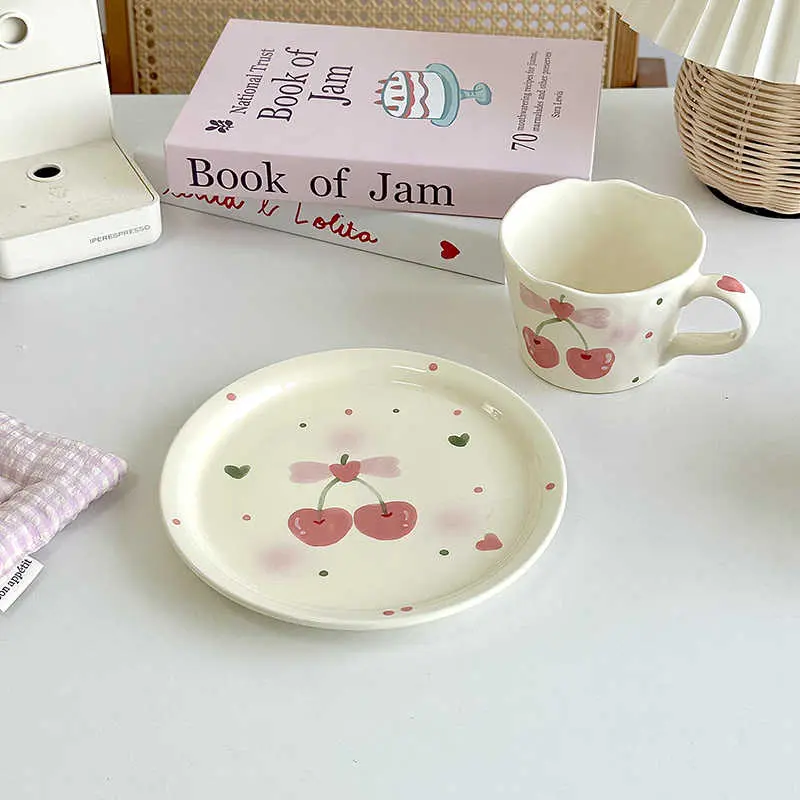 Korean Ceramic Dessert Plate Underglaze Hand-painted Coffee Cups Cute Home Breakfast Pastry Dish Drink Mug