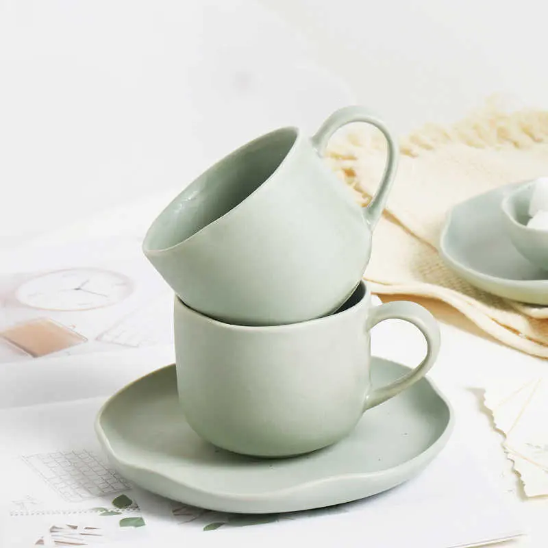 Solid Colour Ceramic Coffee Cup And Saucer Office Mug Couple Cup 300ml Exquisite Afternoon Tea Drinkware