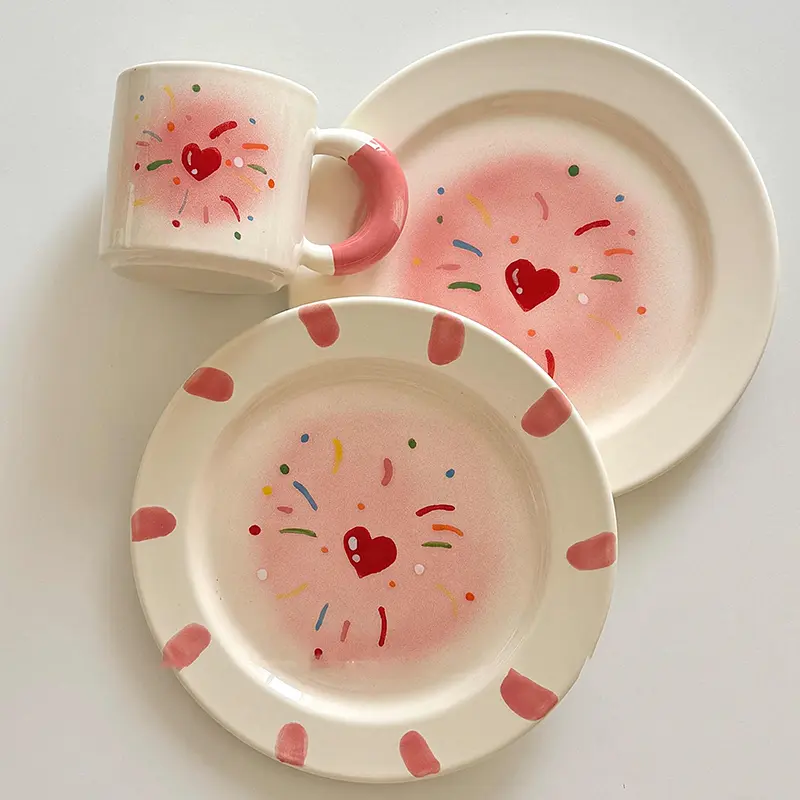 Lovely Hand-painted Fireworks Ceramic Tableware Underglaze Colour Coffee Cup Breakfast Plate Snack Pastry Disc Birthday Gift