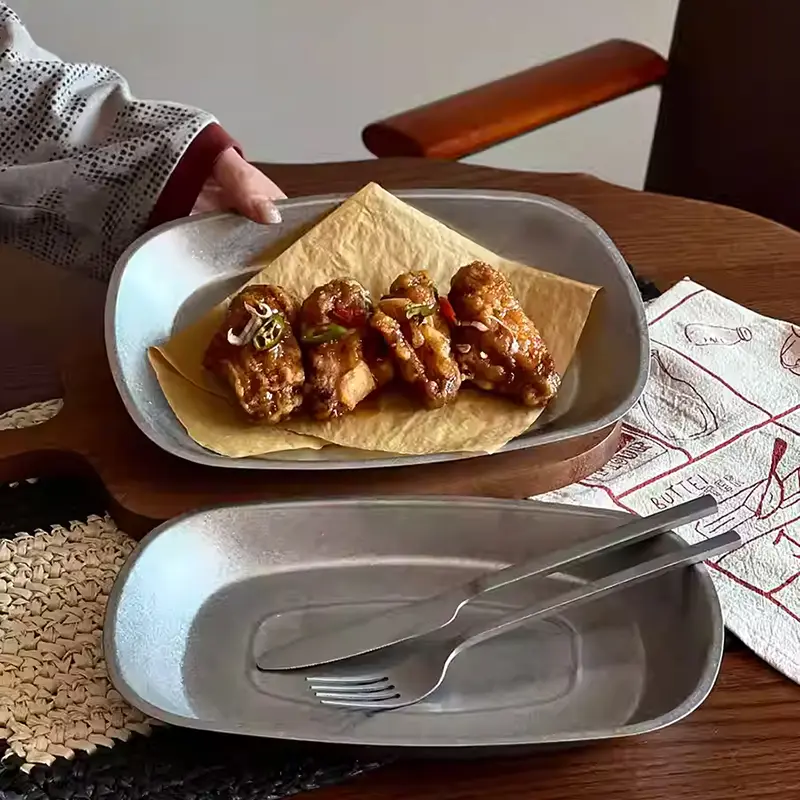 304 Stainless Steel Oval Dinner Plate American Retro Western Snack Plates Simple Fried Chicken Dish Breakfast Bread Pastry Disc