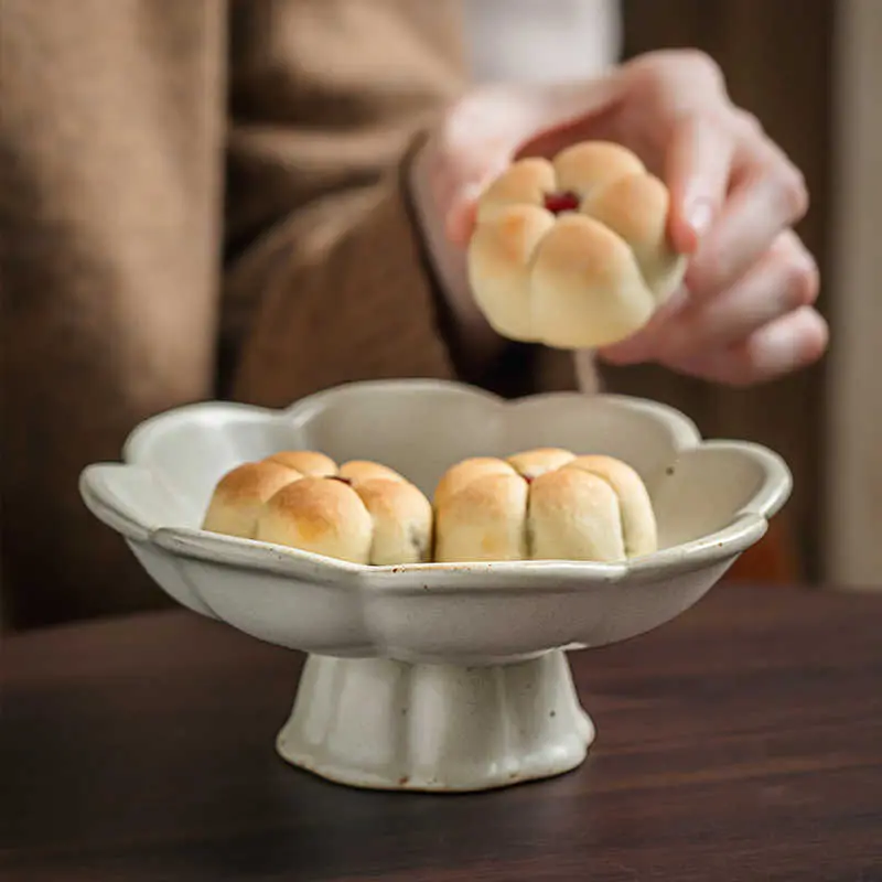 Coarse Pottery Flower Shape Highstand Tray Creative Pastry Plate Nut Snack Dessert Plates Household Fruit Dish Ornaments