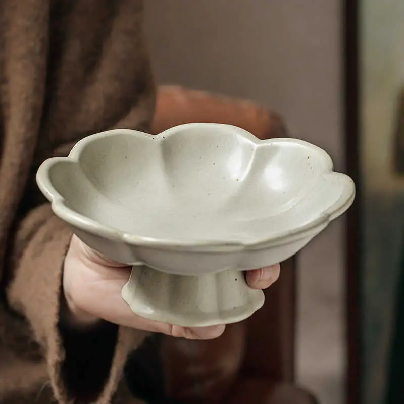Coarse Pottery Flower Shape Highstand Tray Creative Pastry Plate Nut Snack Dessert Plates Household Fruit Dish Ornaments