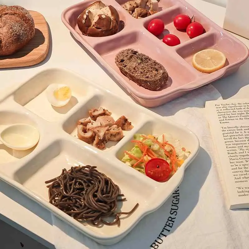Ceramic Compartment Dinner Plate Rectangular Solid Colour Breakfast Plates Household Snacks Fruit Divided Plate Simple Tableware