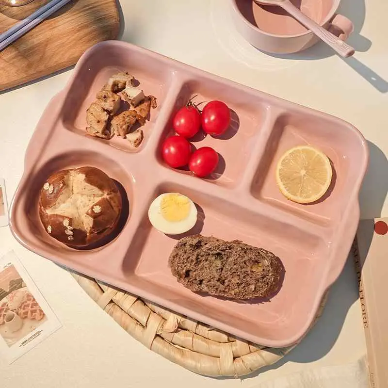 Ceramic Compartment Dinner Plate Rectangular Solid Colour Breakfast Plates Household Snacks Fruit Divided Plate Simple Tableware