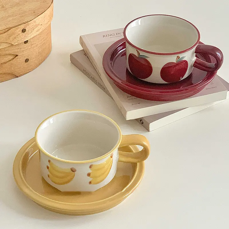 Ceramic Coffee Cups And Saucers Retro Hand-painted Apple Banana Afternoon Tea Drinkware Exquisite Breakfast Mug Snack Plates
