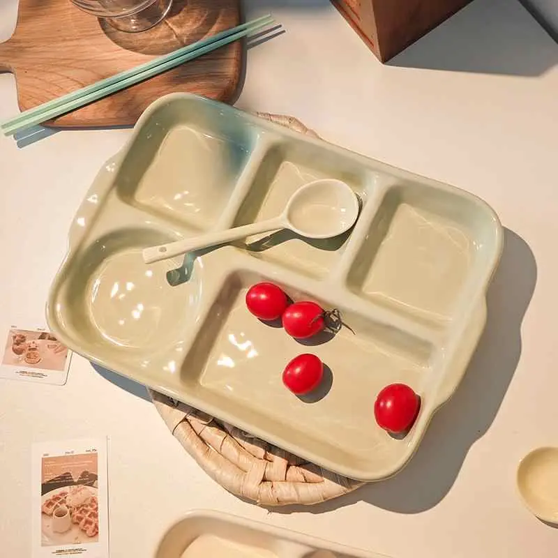 Ceramic Compartment Dinner Plate Rectangular Solid Colour Breakfast Plates Household Snacks Fruit Divided Plate Simple Tableware