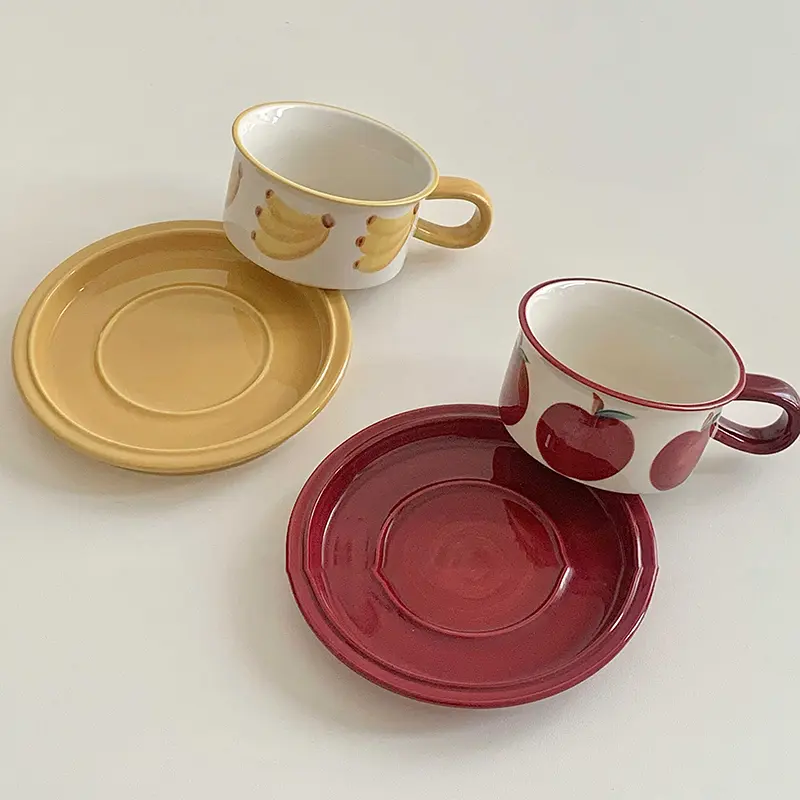 Ceramic Coffee Cups And Saucers Retro Hand-painted Apple Banana Afternoon Tea Drinkware Exquisite Breakfast Mug Snack Plates