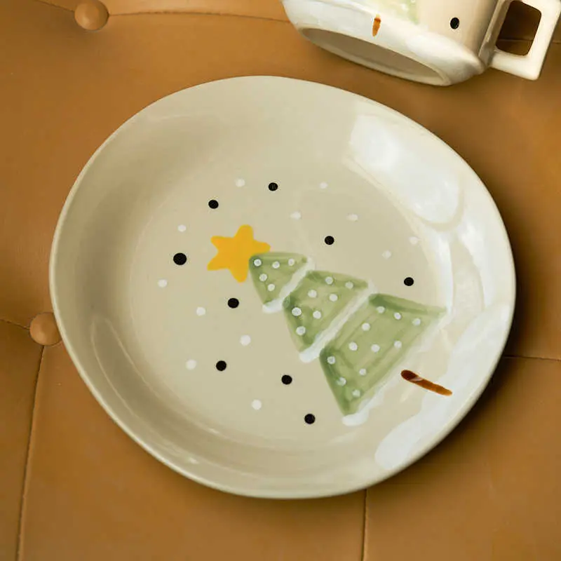 20cm Ceramic Dessert Tray Christmas Decoration Cake Round Plate Home Breakfast Plate Afternoon Tea Pastry Dish