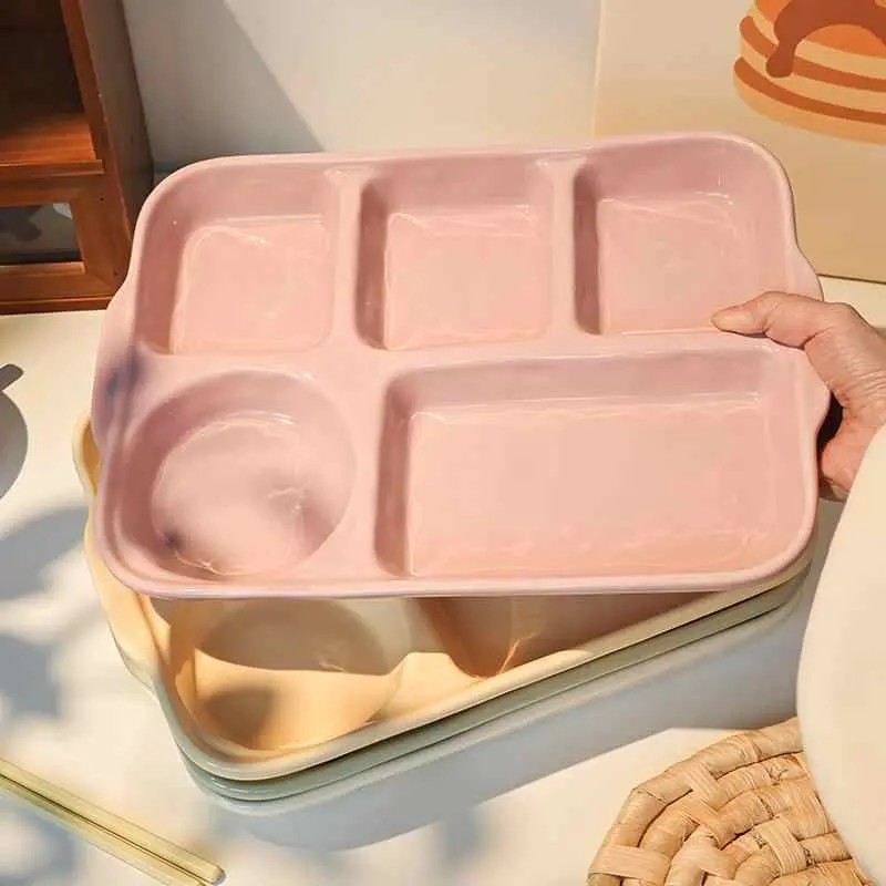 Ceramic Compartment Dinner Plate Rectangular Solid Colour Breakfast Plates Household Snacks Fruit Divided Plate Simple Tableware