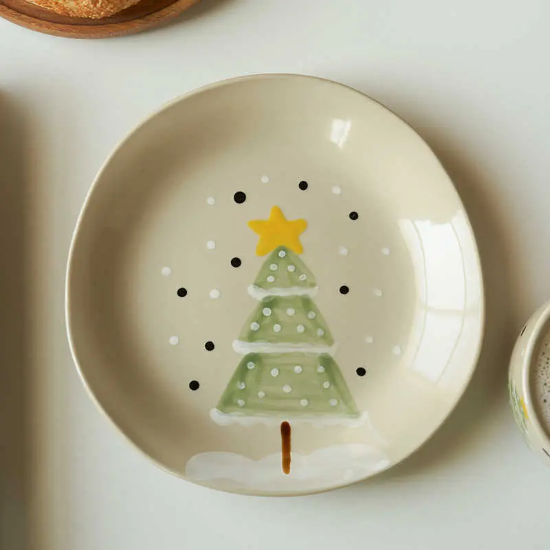 20cm Ceramic Dessert Tray Christmas Decoration Cake Round Plate Home Breakfast Plate Afternoon Tea Pastry Dish