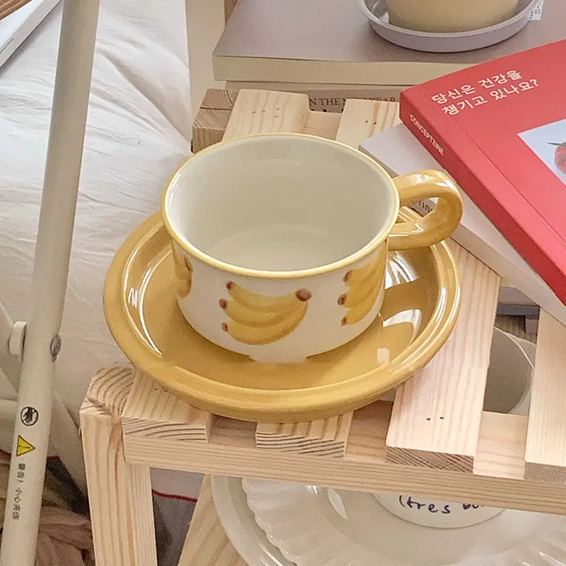 Ceramic Coffee Cups And Saucers Retro Hand-painted Apple Banana Afternoon Tea Drinkware Exquisite Breakfast Mug Snack Plates