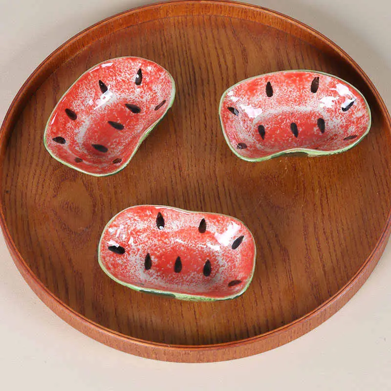 Hand-painted Watermelon Ceramic Food Saucer Irregularity Underglaze Soy Sauce Vinegar Hot Pot Condiment Dish