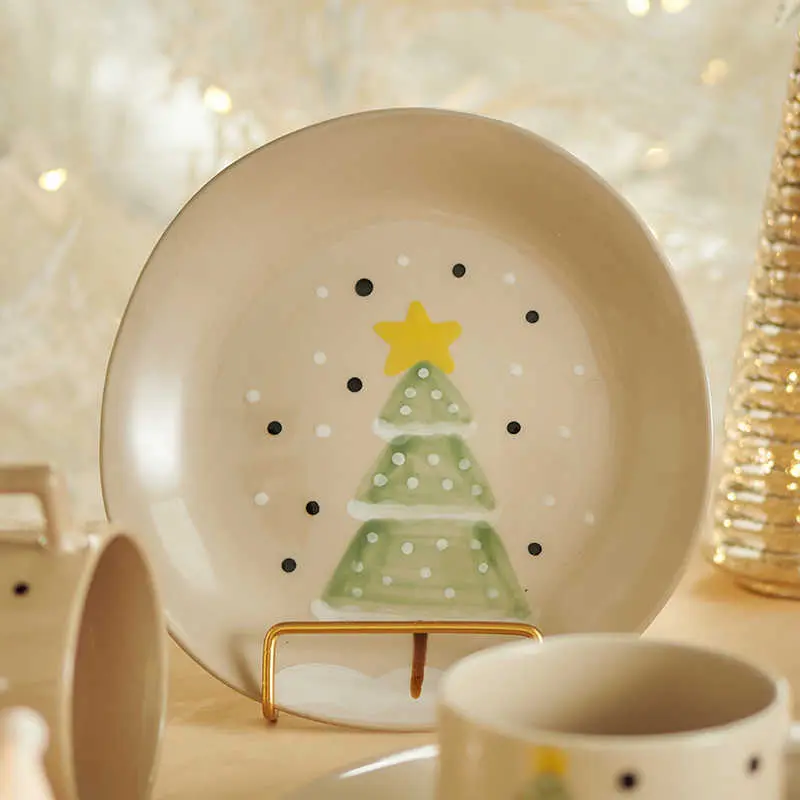 20cm Ceramic Dessert Tray Christmas Decoration Cake Round Plate Home Breakfast Plate Afternoon Tea Pastry Dish