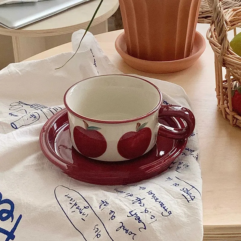 Ceramic Coffee Cups And Saucers Retro Hand-painted Apple Banana Afternoon Tea Drinkware Exquisite Breakfast Mug Snack Plates