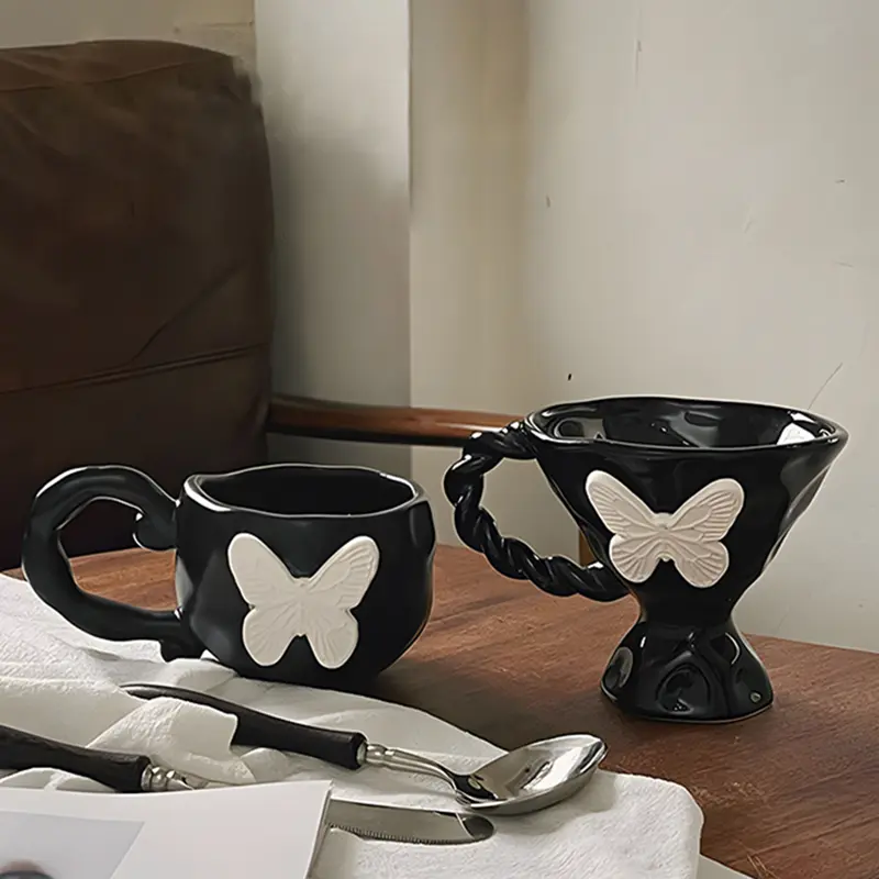Butterfly Decoration Black Ceramic Mug Exquisite Coffee Mug Household Milk Oatmeal Mug Gift Drinkware