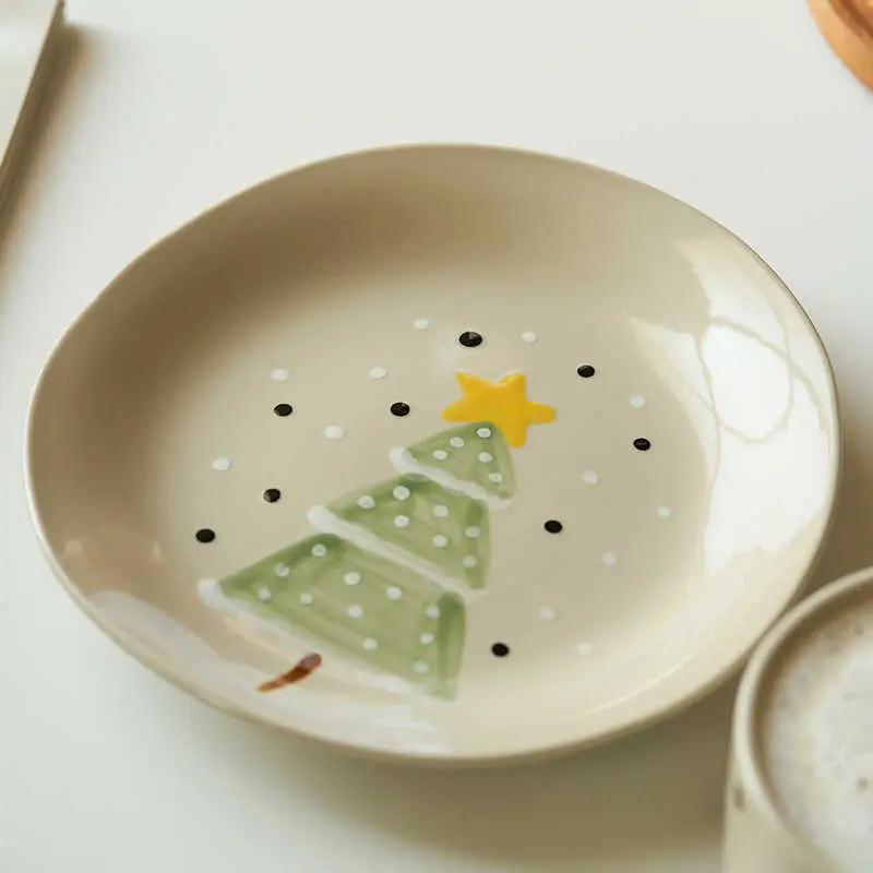 20cm Ceramic Dessert Tray Christmas Decoration Cake Round Plate Home Breakfast Plate Afternoon Tea Pastry Dish