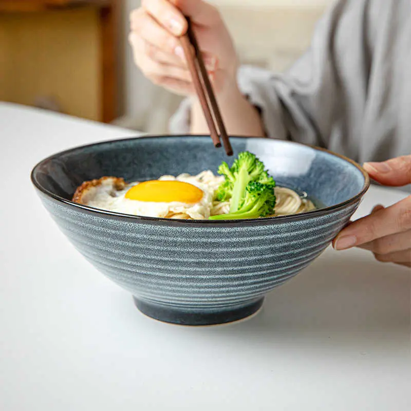 Vintage Kiln Glaze Ceramic Bowl Restaurant Ramen Bowl Blue Fruit Salad Bowls Kitchen Tableware 1000ml