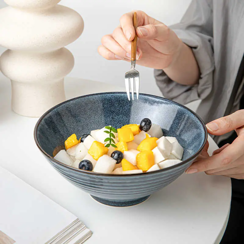 Vintage Kiln Glaze Ceramic Bowl Restaurant Ramen Bowl Blue Fruit Salad Bowls Kitchen Tableware 1000ml