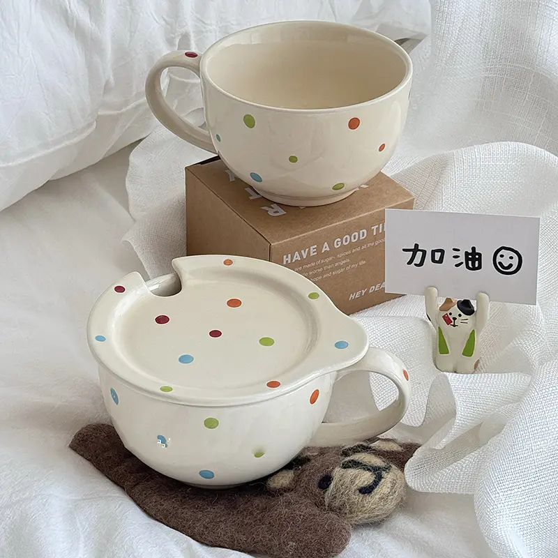 Colourful Polka Dot Ceramic Mug Large Capacity With Lid Breakfast Oatmeal Milk Mug Household Fruit Yoghurt Mugs 480ml