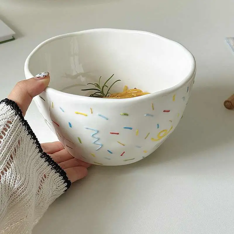 Korean Creative Ceramic Noodle Bowl Cute Relief Sugar Needle Fruit Salad Bowls Household Soup Bowl Tableware Supplies