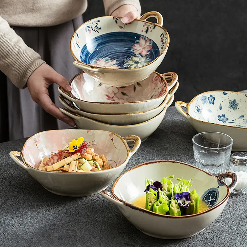 Elegant Binaural Ramen Soup Bowls High-end Fruits Salad Bowl Breakfast Oatmeal Yoghurt Bowls High Quality Ceramic Tableware