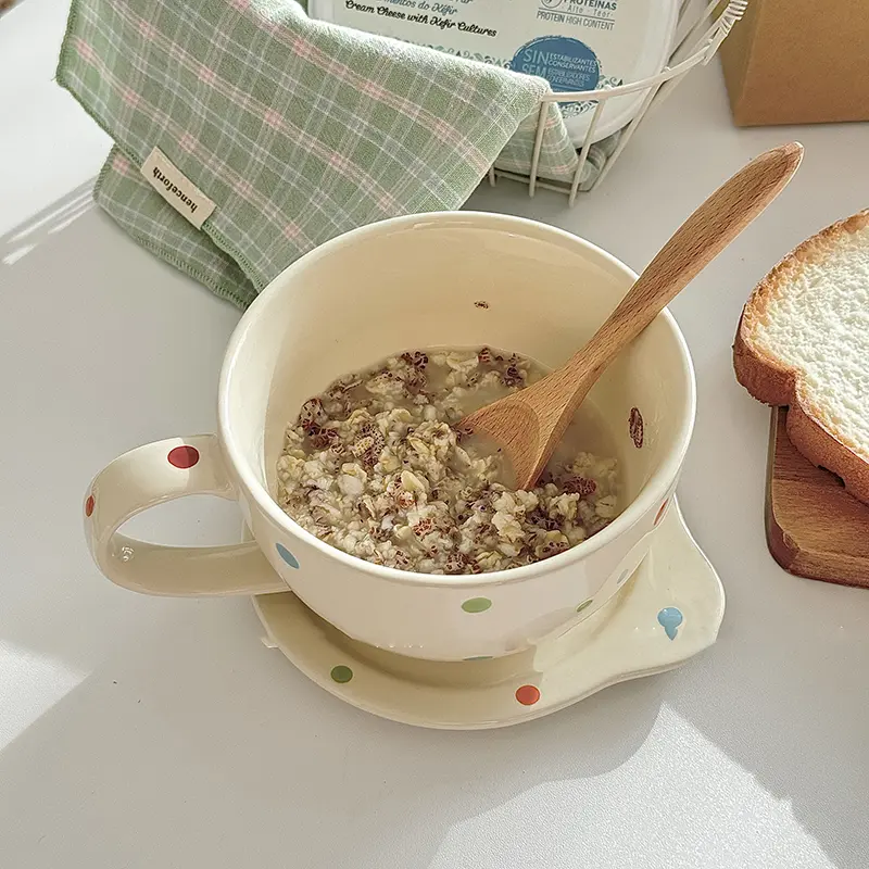 Colourful Polka Dot Ceramic Mug Large Capacity With Lid Breakfast Oatmeal Milk Mug Household Fruit Yoghurt Mugs 480ml