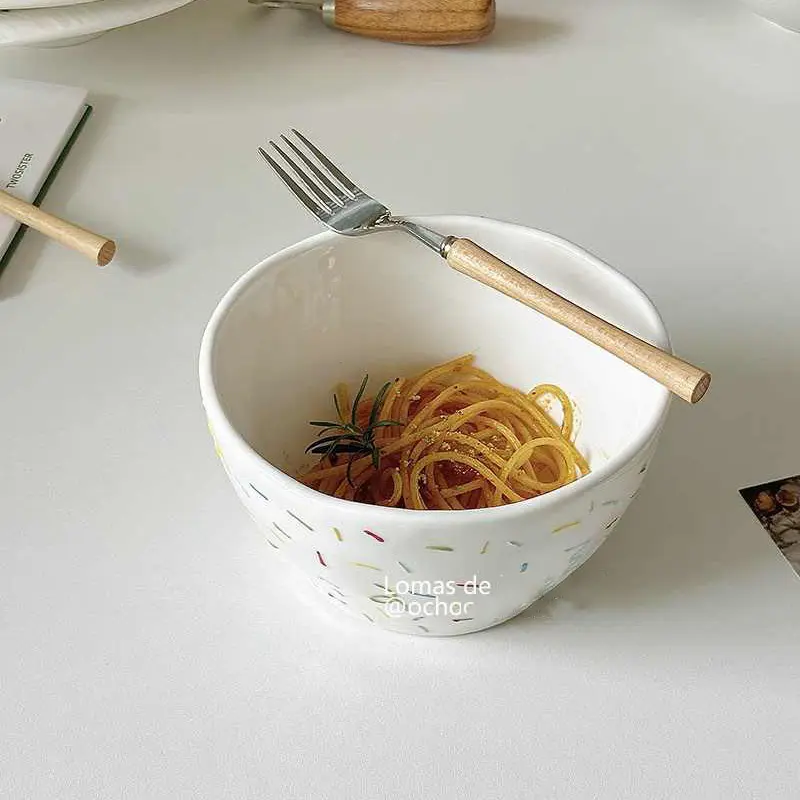 Korean Creative Ceramic Noodle Bowl Cute Relief Sugar Needle Fruit Salad Bowls Household Soup Bowl Tableware Supplies