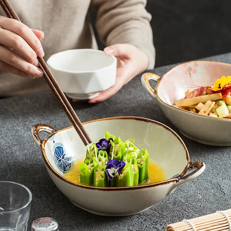 Elegant Binaural Ramen Soup Bowls High-end Fruits Salad Bowl Breakfast Oatmeal Yoghurt Bowls High Quality Ceramic Tableware